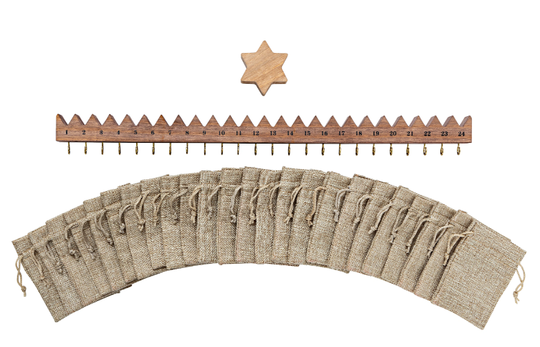 Adventskalender Holzleiste mit 24 Säckchen